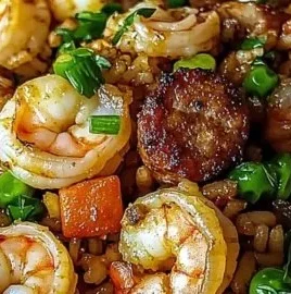 Plate of savory shrimp sausage dirty rice topped with herbs and spices.