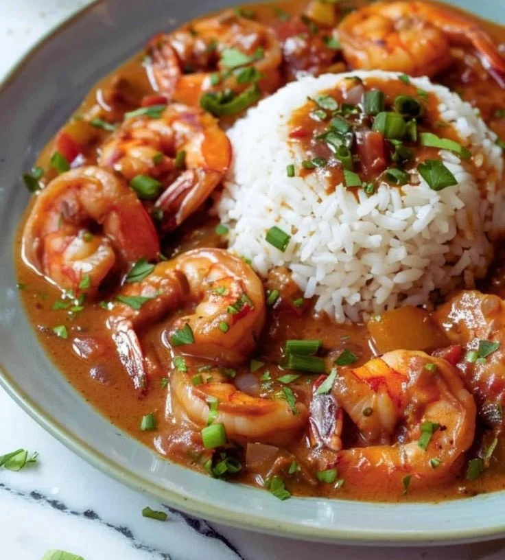 Delicious Shrimp Étouffée served in a bowl with rice and herbs