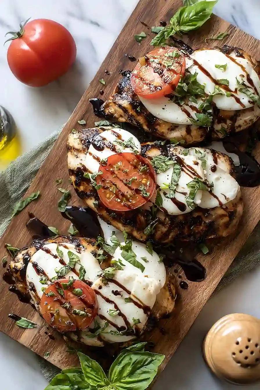 Delicious grilled chicken caprese with fresh tomatoes and mozzarella