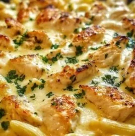 Creamy Chicken Pasta Casserole served in a comforting dish with herbs and cheese.