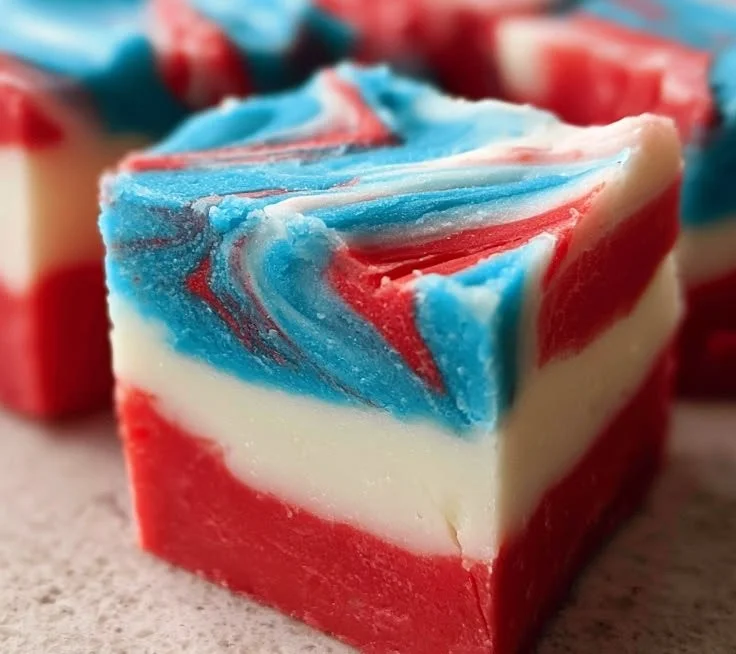 4th of July white chocolate fudge decorated with red, white, and blue sprinkles