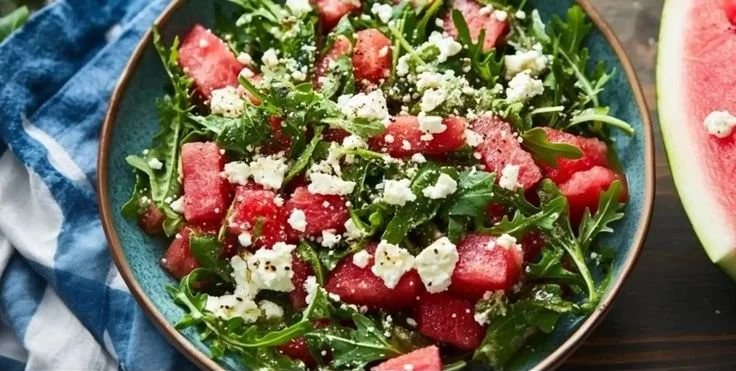Fresh Arugula Watermelon Feta Salad garnished with mint and served in a bowl