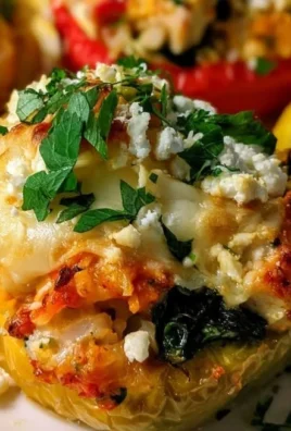Baked Greek stuffed peppers with chicken, topped with herbs and spices.