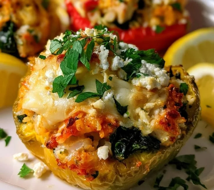 Baked Greek stuffed peppers with chicken, topped with herbs and spices.