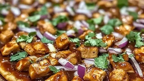 Delicious BBQ chicken flatbread pizza topped with cheese and fresh ingredients.