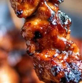 Grilled BBQ Chicken Skewers garnished with vegetables on a plate
