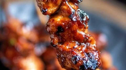 Grilled BBQ Chicken Skewers garnished with vegetables on a plate
