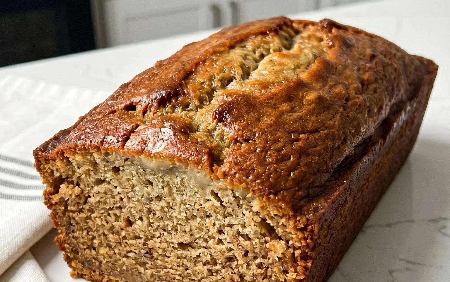 Slice of moist banana bread on a wooden cutting board