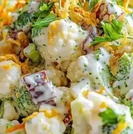 Delicious broccoli cauliflower salad with dressing and fresh vegetables