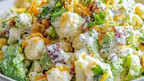 Delicious broccoli cauliflower salad with dressing and fresh vegetables