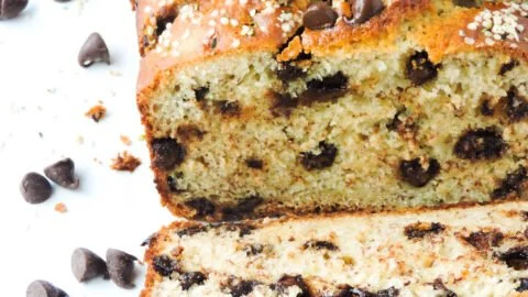 Delicious Chocolate Chip Greek Yogurt Banana Bread loaves on a wooden table