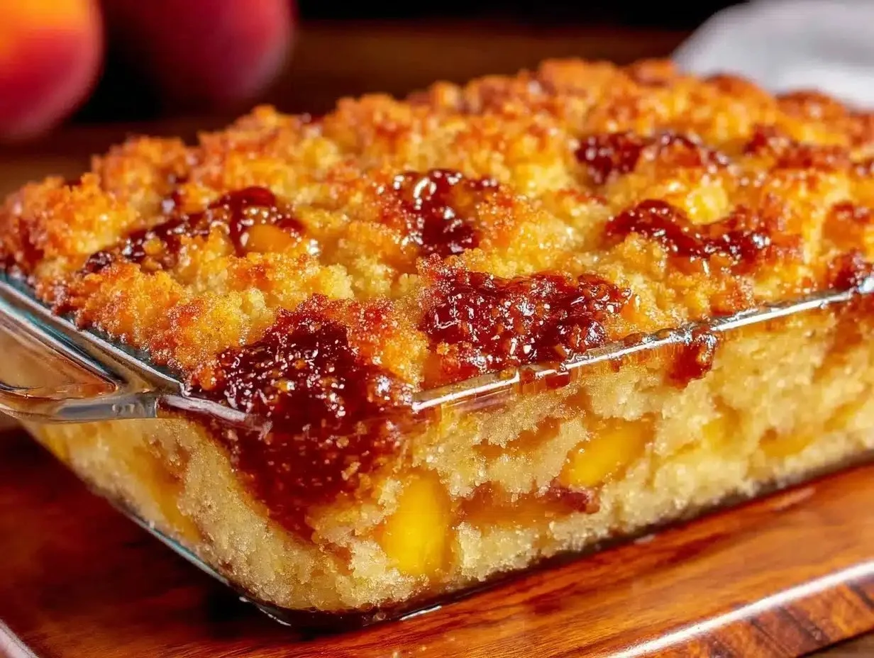 Easy peach cobbler dump cake recipe with fresh peaches and a cake mix topping.