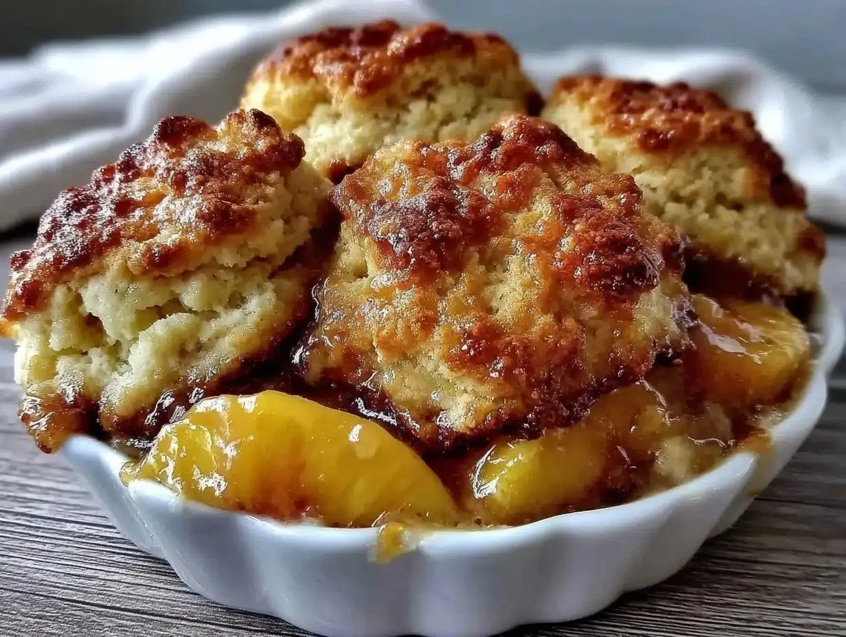 Easy Peach Cobbler with Cream Cheese Biscuit Topping
