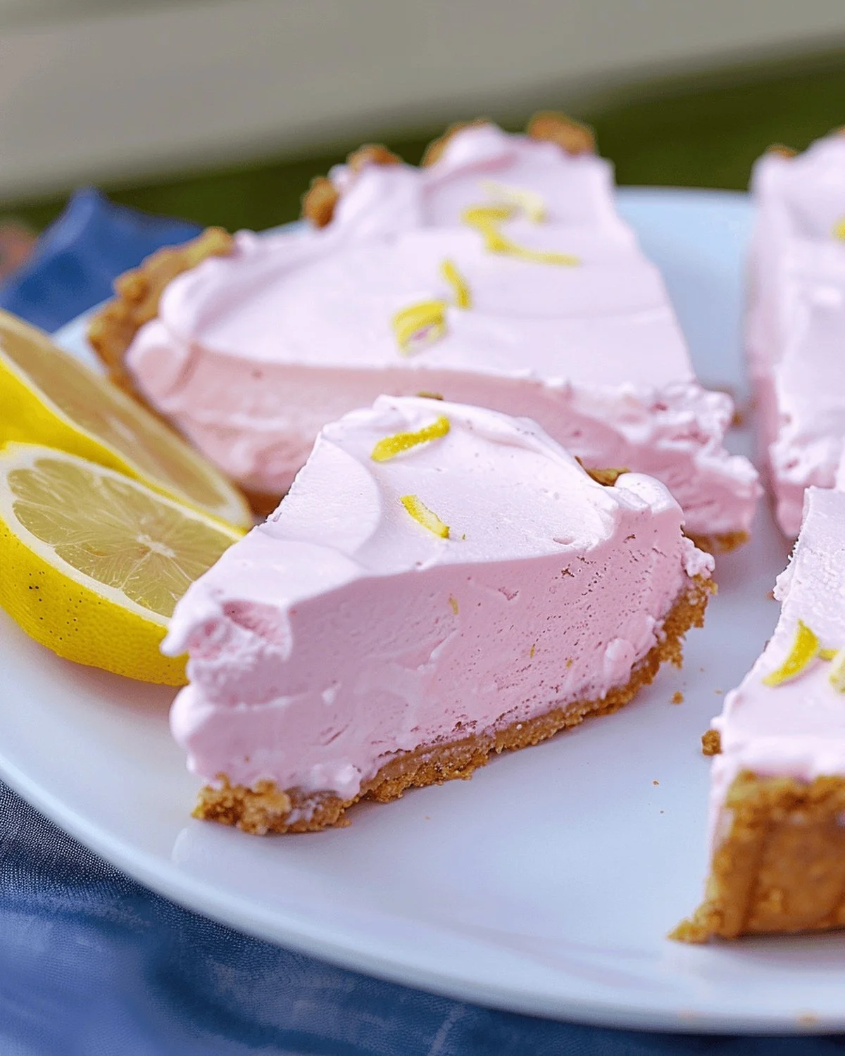 Delicious Frozen Pink Lemonade Pie served on a colorful dessert plate