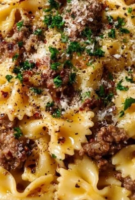 Delicious Garlic Butter Bowtie Pasta with Ground Beef served in a bowl