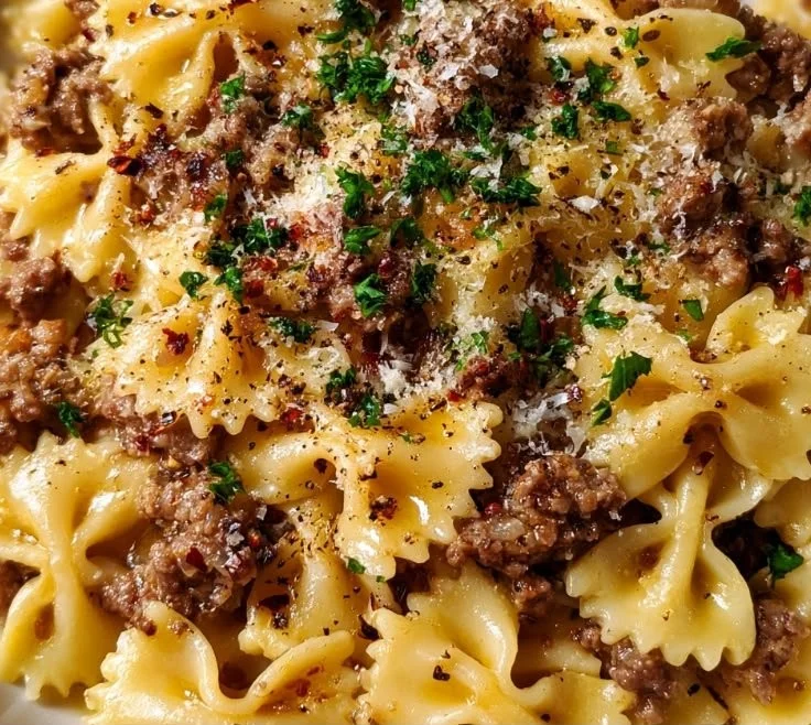 Garlic Butter Bowtie Pasta with Ground Beef