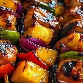 Grilled chicken pineapple kabobs on skewers ready to enjoy