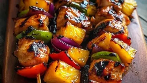 Grilled chicken pineapple kabobs on skewers ready to enjoy