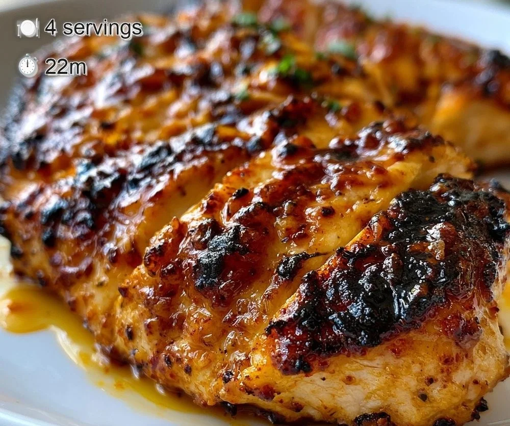 Juicy grilled chicken garnished with herbs and served on a plate.