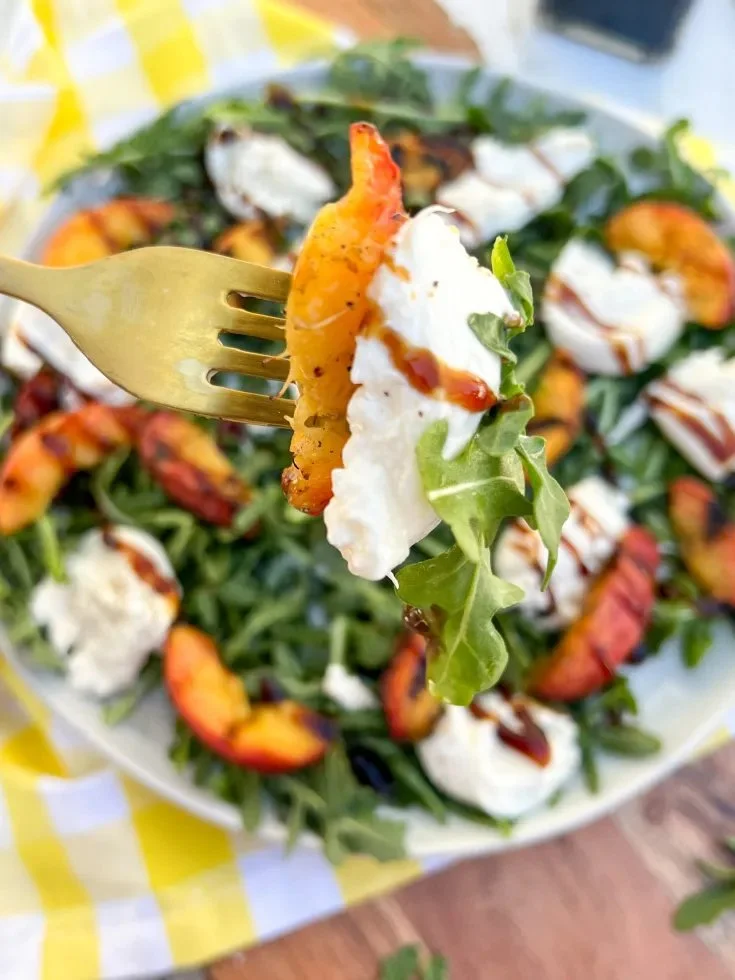Grilled Peach Burrata Salad with Arugula and Balsamic Drizzle