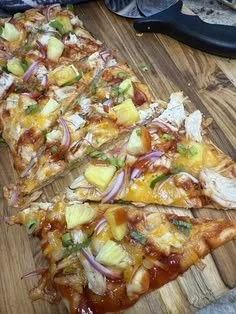 Hawaiian BBQ chicken flatbread pizza topped with pineapple and BBQ sauce