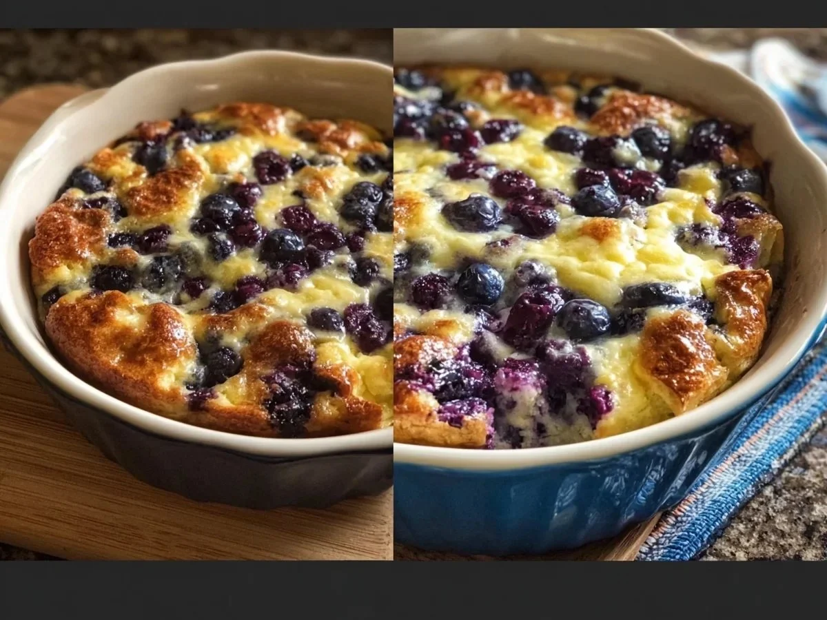 High-protein blueberry cottage cheese bake served in a dish