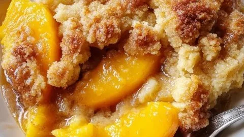 Delicious homemade peach cobbler baked with fresh peaches and a buttery crust.