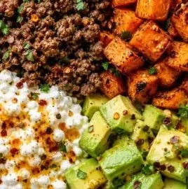 Hot Honey Beef Bowl topped with Cottage Cheese for a tasty and nutritious meal.
