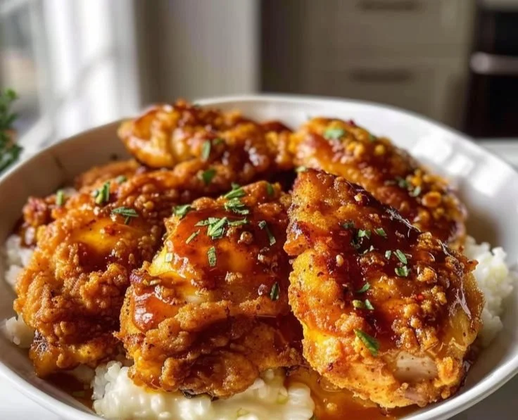 Plate of Hot Honey Chicken garnished with herbs and spices