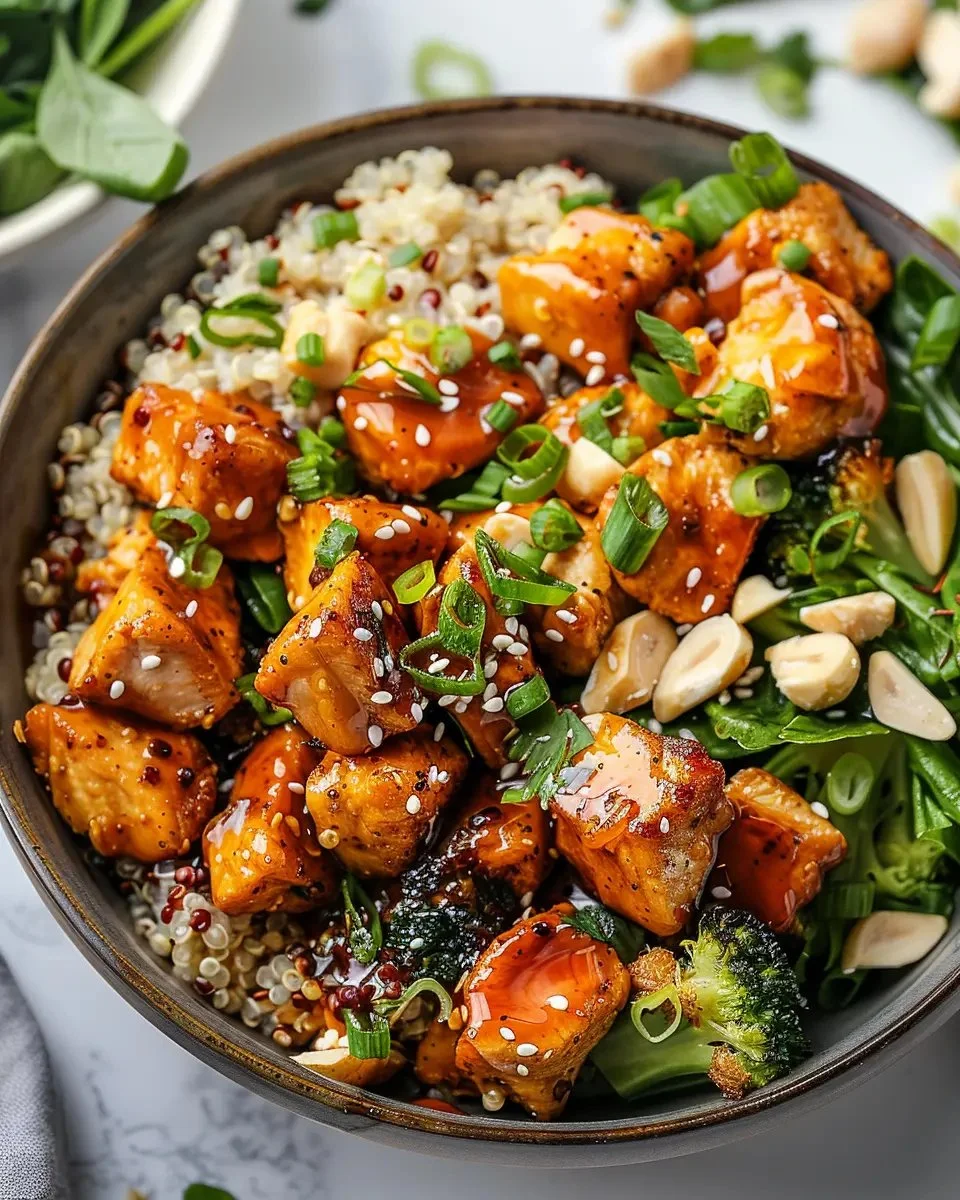 Hot Honey Chicken Quinoa Bowl topped with spicy honey sauce and fresh ingredients