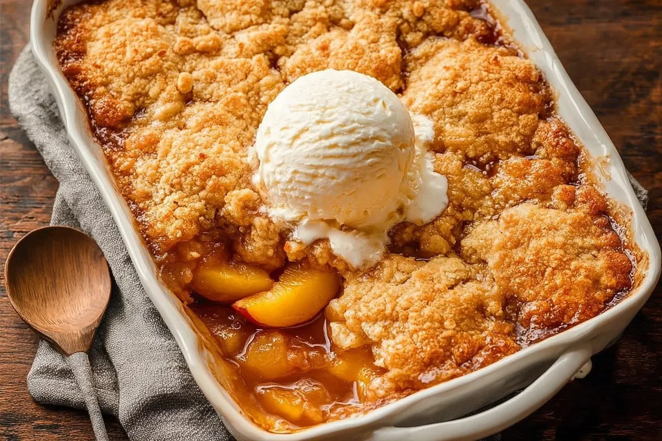 Delicious peach cobbler recipe by Joanna Gaines with fresh peaches and crust