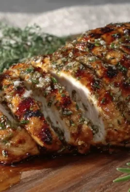 Juicy grilled chicken breast on a plate, garnished with herbs and lemon.