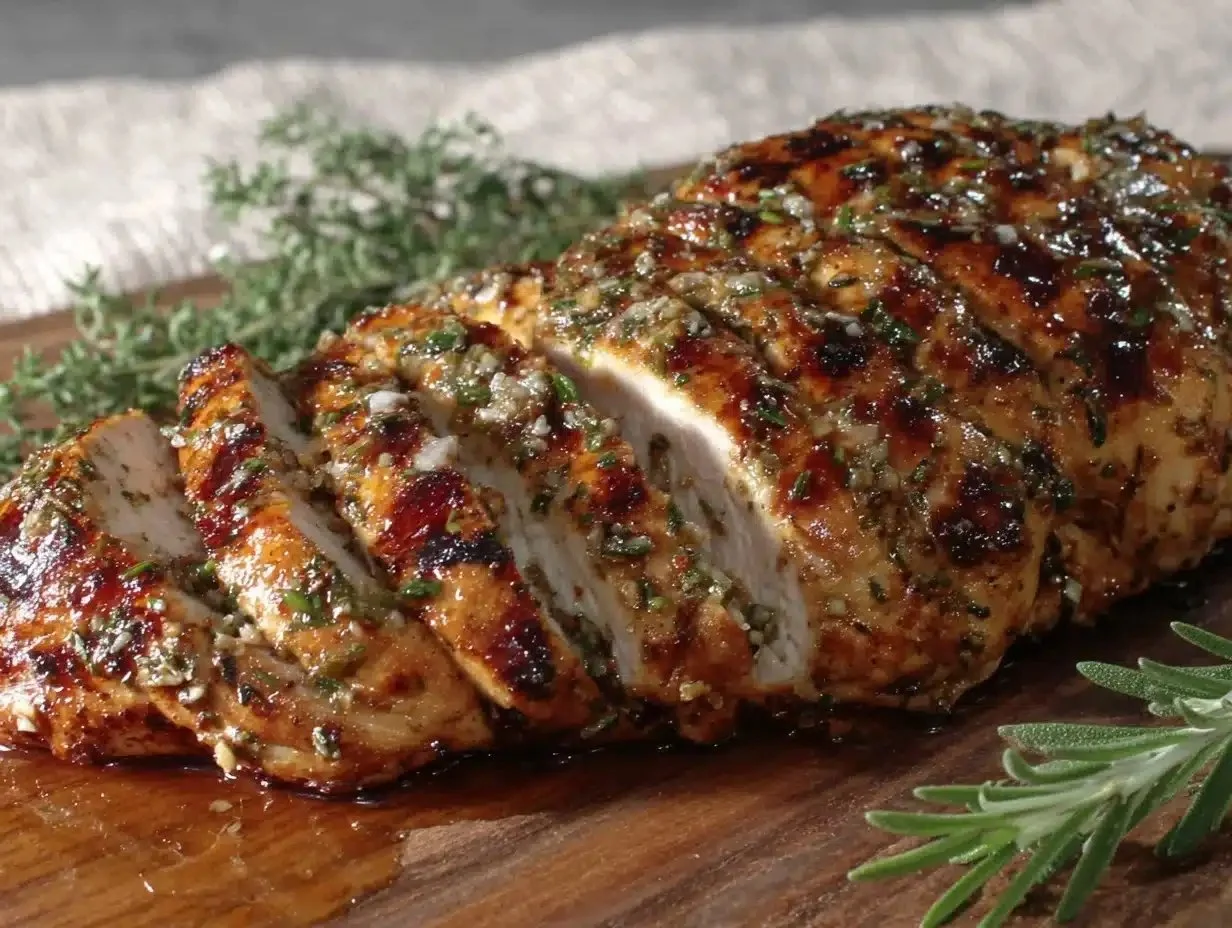 Juicy grilled chicken breast on a plate, garnished with herbs and lemon.
