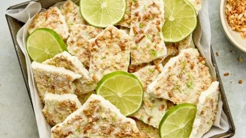 Delicious Key Lime Pie Yogurt Bark garnished with lime zest and cookie crumbs