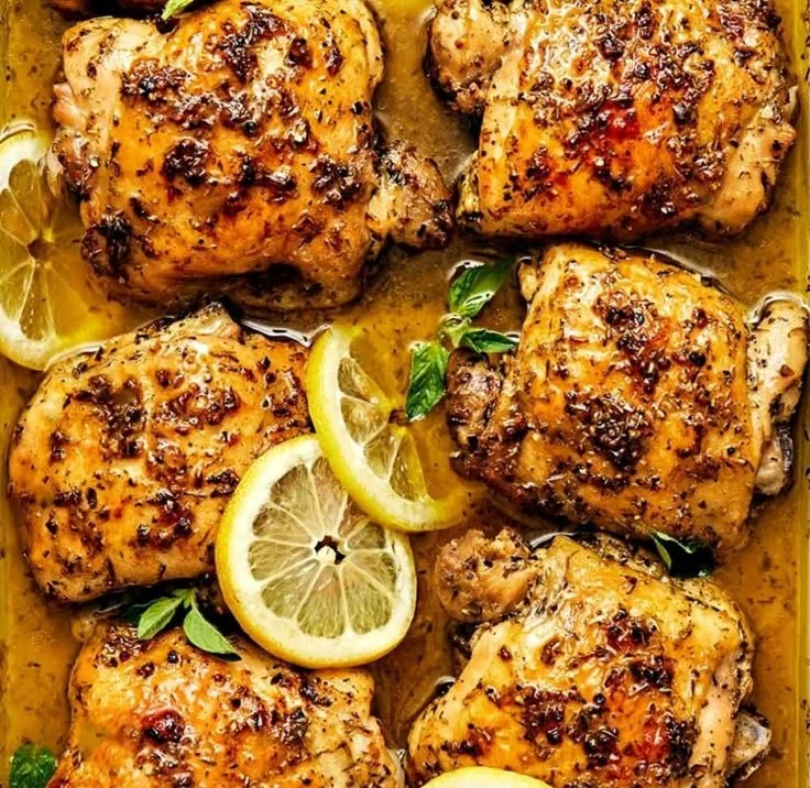 Juicy lemon chicken dish garnished with fresh herbs