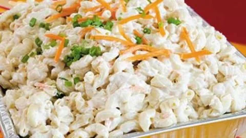Delicious Ono Hawaiian BBQ macaroni salad in a serving bowl