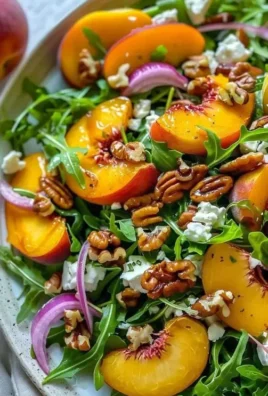 A vibrant Peach Arugula Salad with fresh peaches, arugula, and dressing