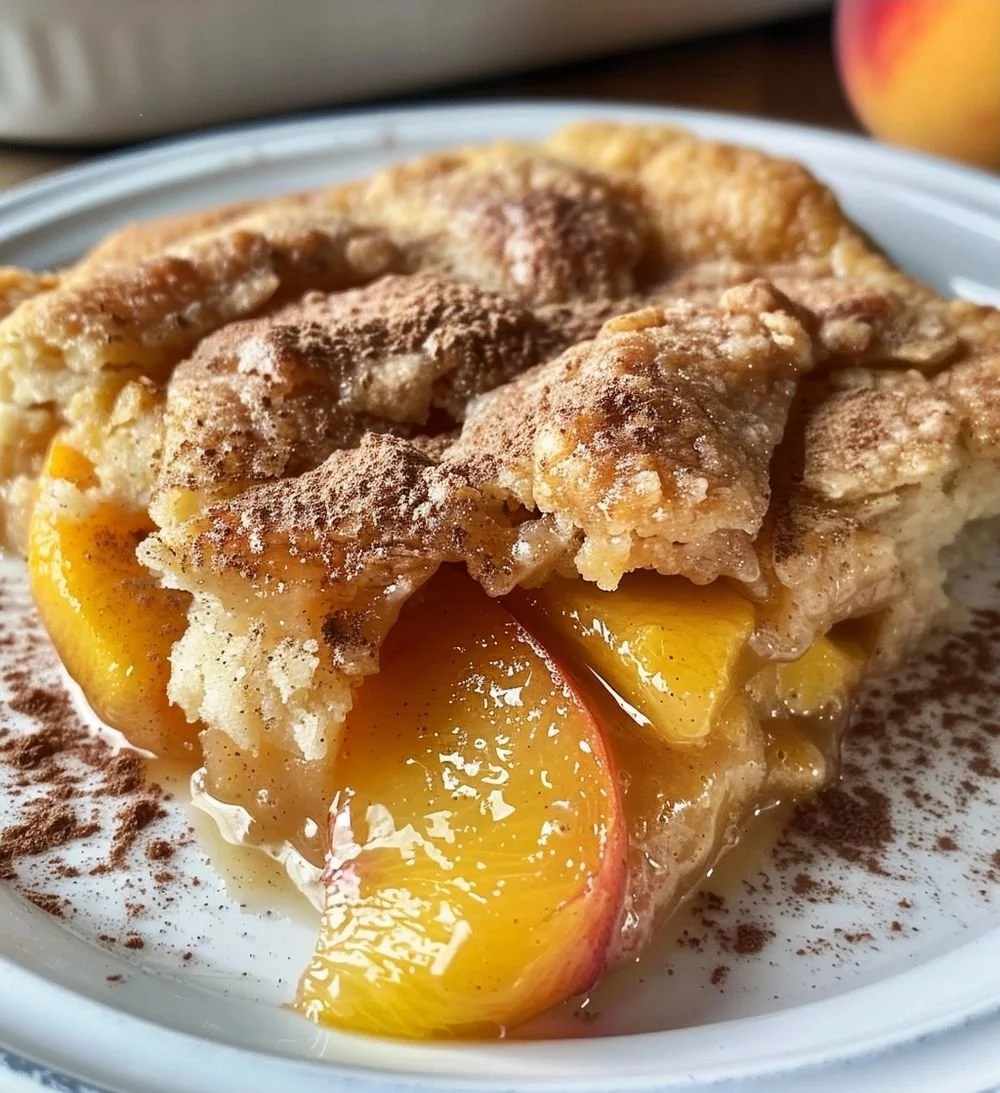 Freshly baked peach cobbler with golden crust and juicy peach filling