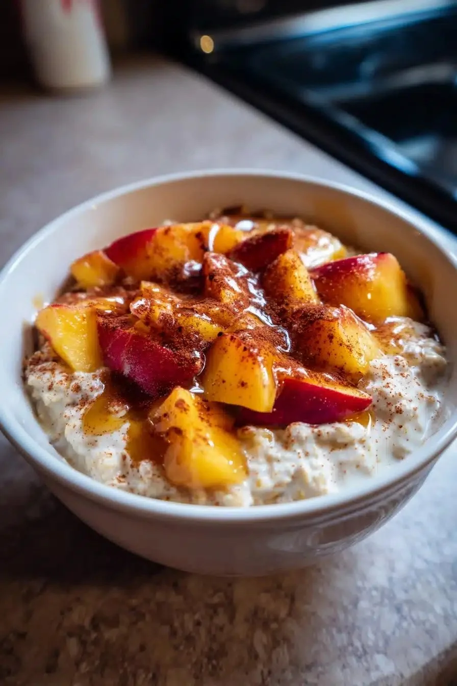 Delicious bowl of peach cobbler overnight oats topped with fresh peaches and spices
