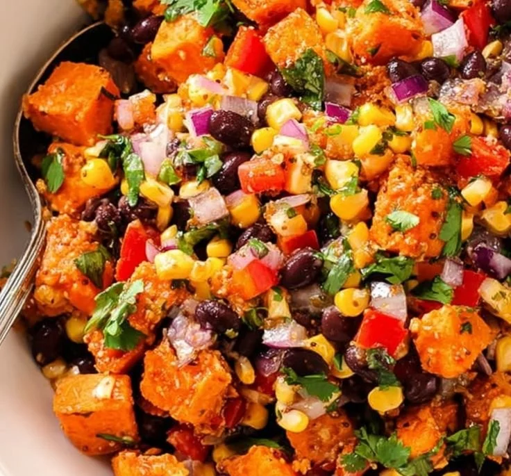 Roasted sweet potato black bean salad with vibrant vegetables