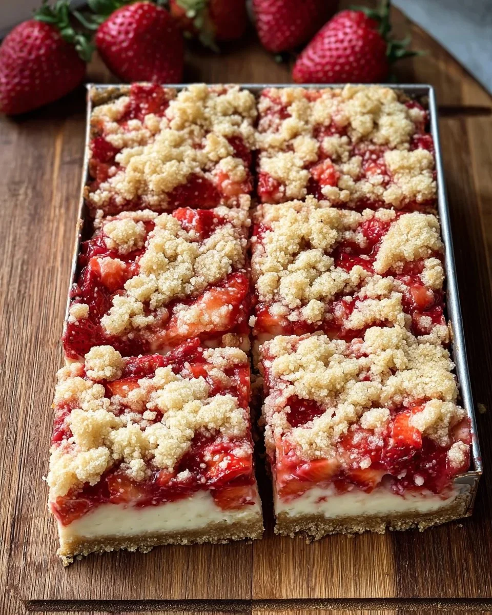 Delicious strawberry cheesecake bars with fresh strawberries and creamy filling