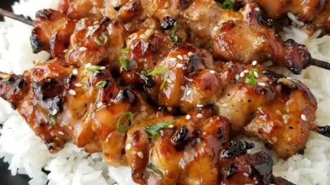 Delicious teriyaki chicken skewers served on a plate.
