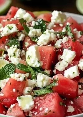 Refreshing Watermelon Feta Mint Salad with mint leaves and feta cheese