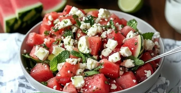 Refreshing Watermelon Feta Mint Salad with mint leaves and feta cheese